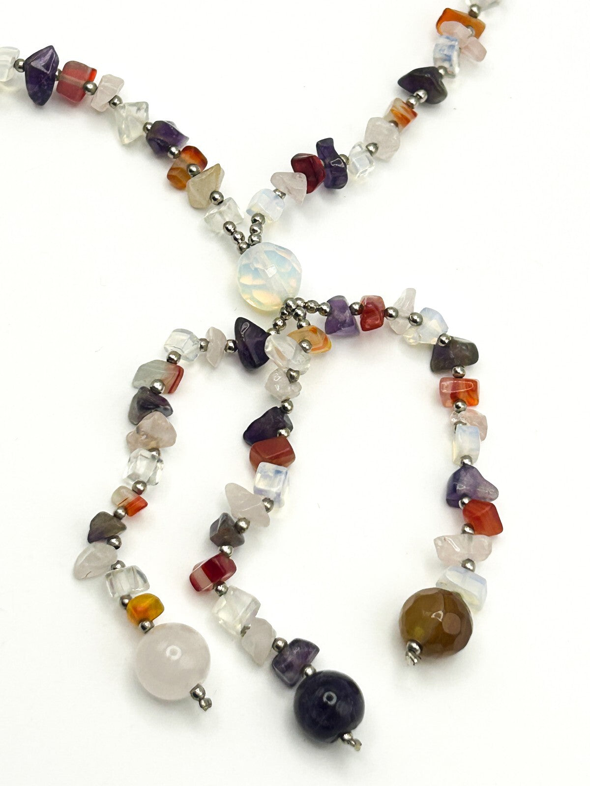 Gemstone Chip Necklace Tassel Drop Amethyst Carnelian Quartz Boho 18”