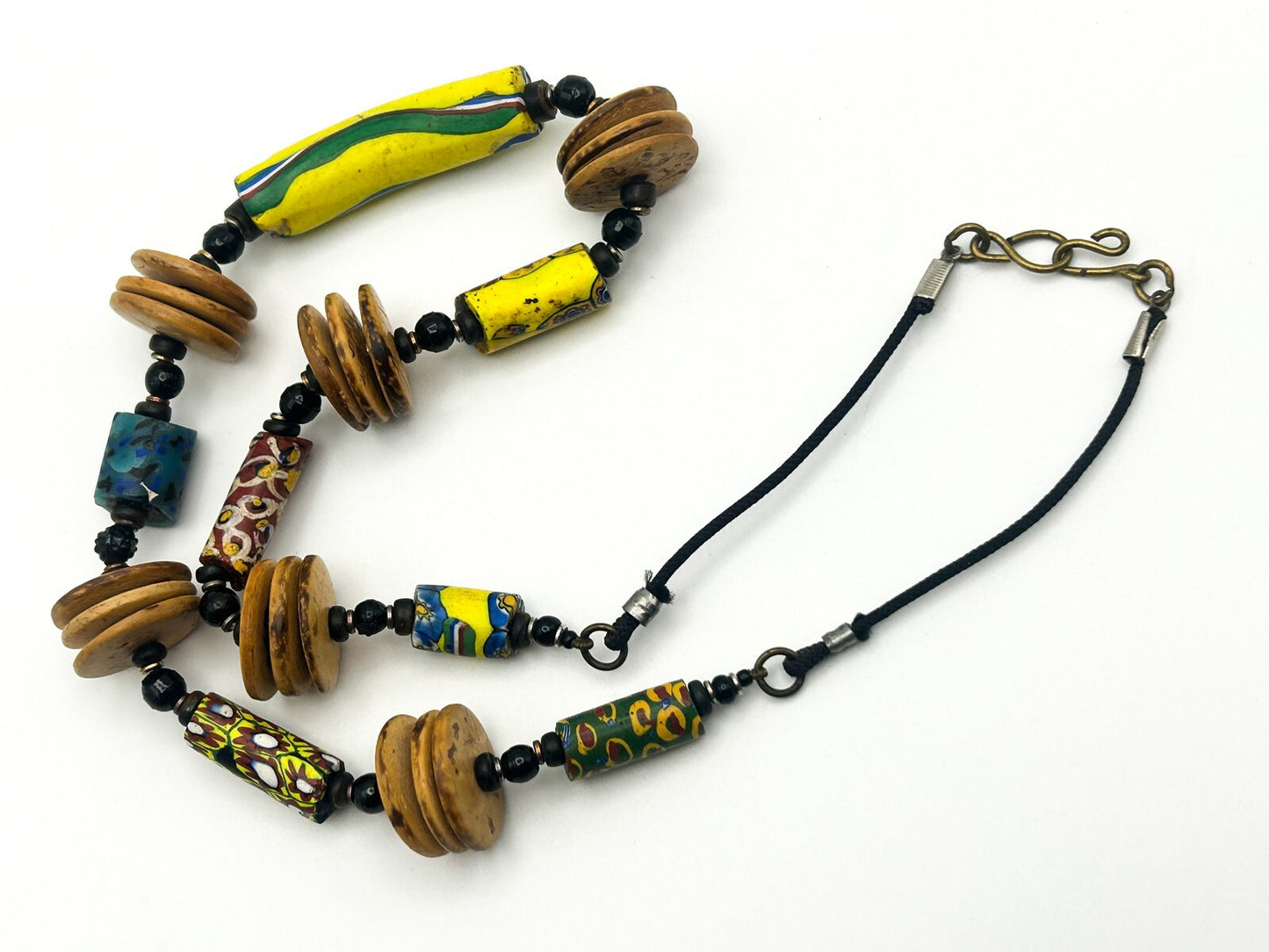 Antique Venetian Millefiori African Trade Bead Necklace Coconut Shell 23”