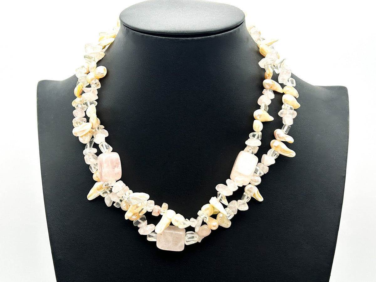 Freshwater Pearl Rose Quartz Necklace Double Strand Natural Stone Baroque Pearl