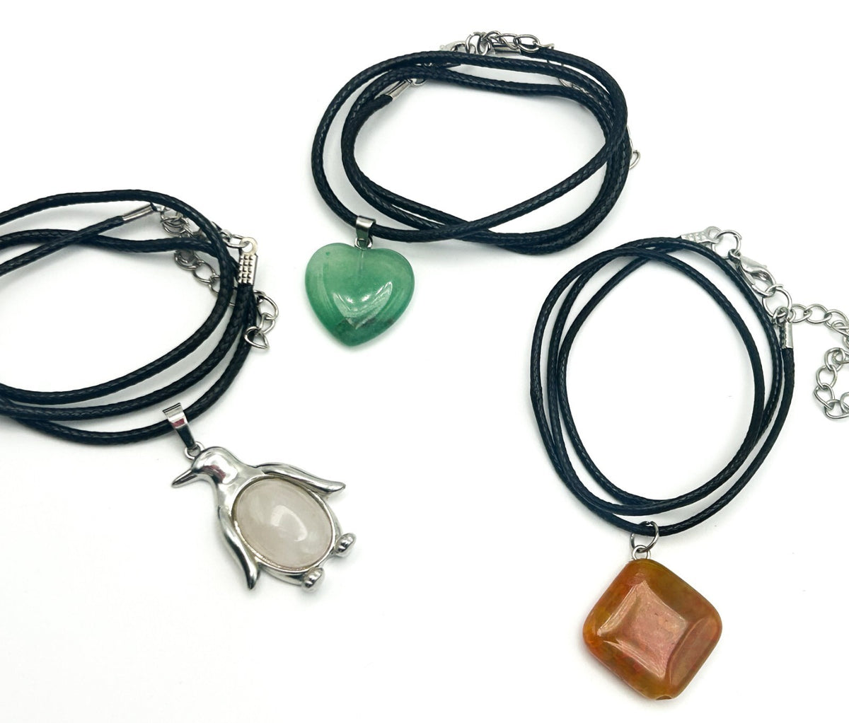 Gemstone Pendant Necklace Bundle – Carnelian, Quartz Penguin, Aventurine Heart