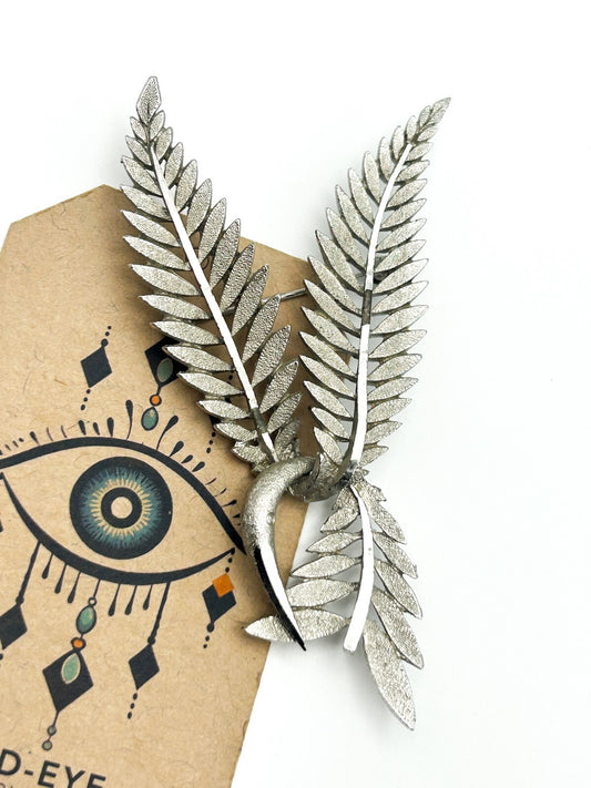 Vintage Bird Brooch Large Silver Tone Statement Leaf Wing Pin