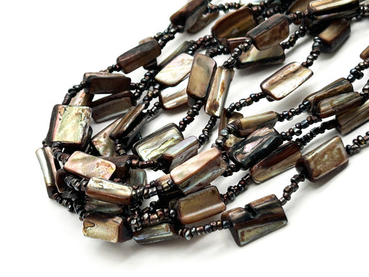 M&S Layered Shell Nugget Necklace Gunmetal Seed Bead Statement Boho Beach