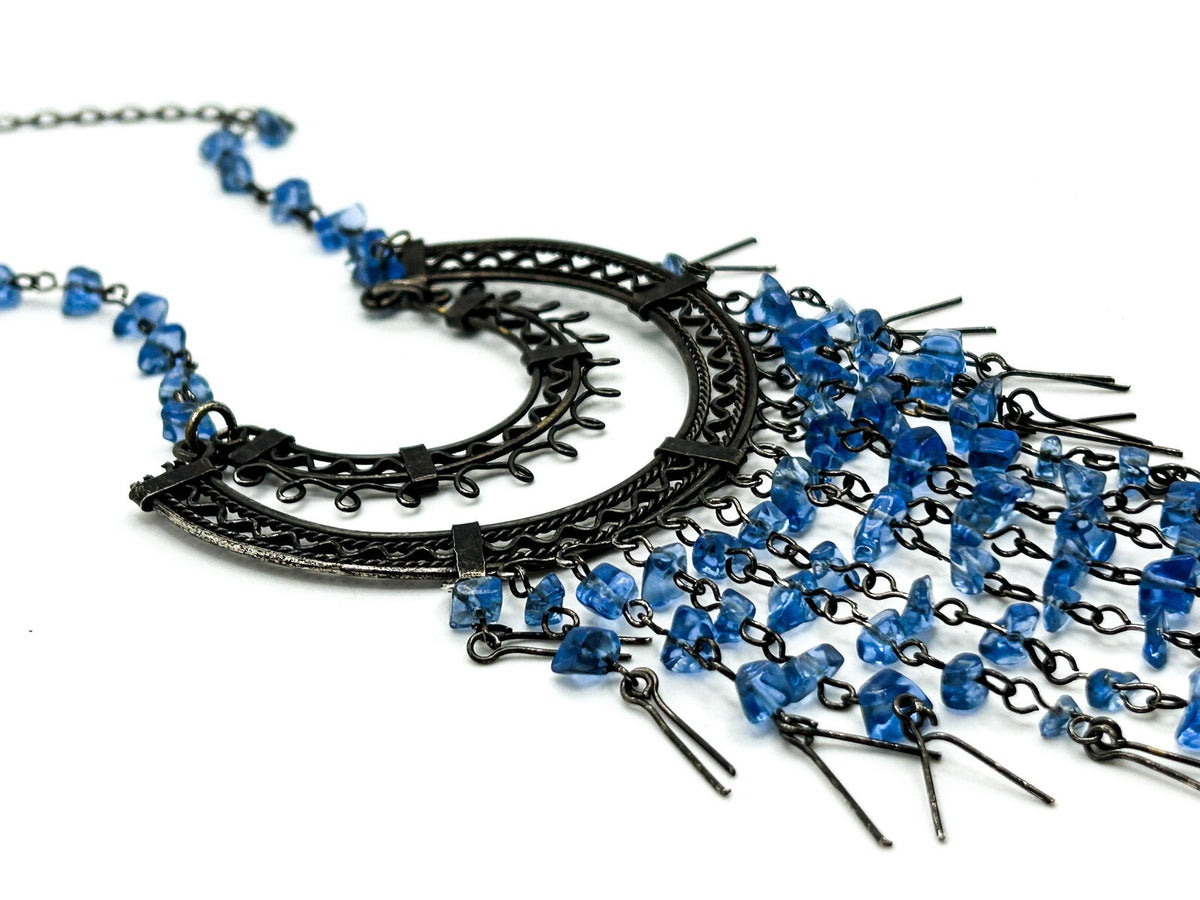 Gunmetal Chain Tassel Necklace with Blue Glass Chips – 20.5in