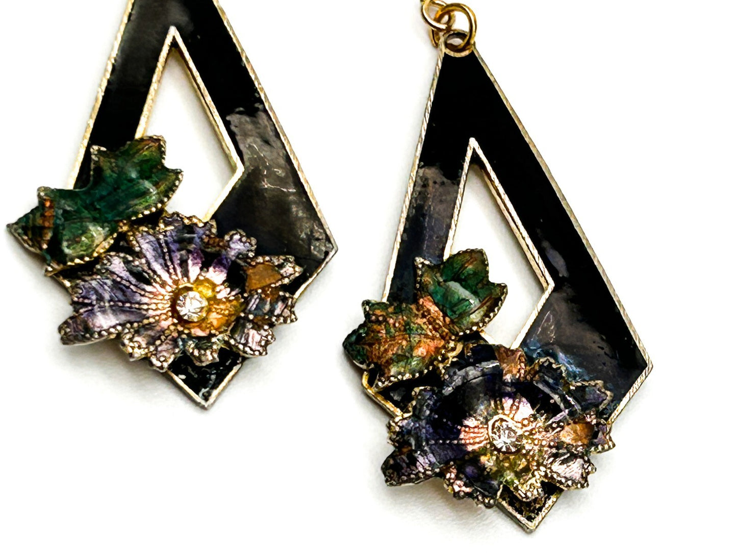 Vintage Cloisonné Floral Geometric Drop Earrings Rhinestone Detail Black Green