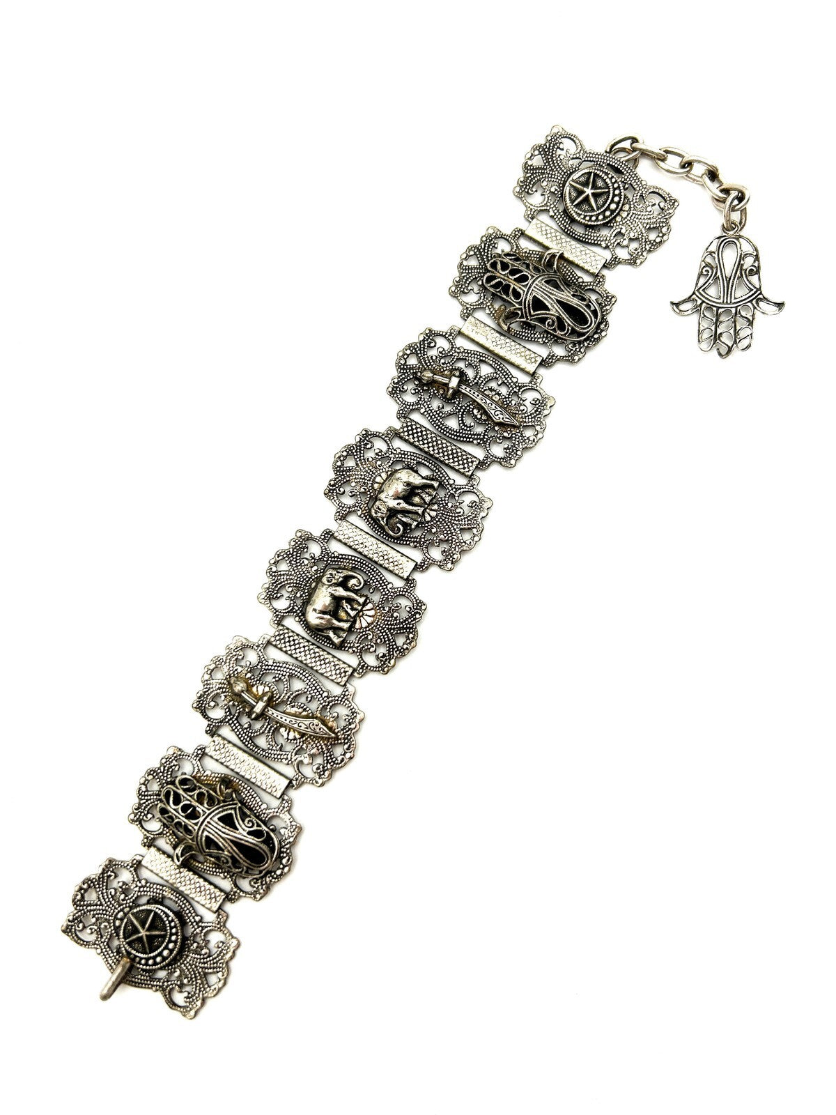 Moroccan Souvenir Silver Tone Filigree Panel Bracelet Elephant Hamsa 8.5”