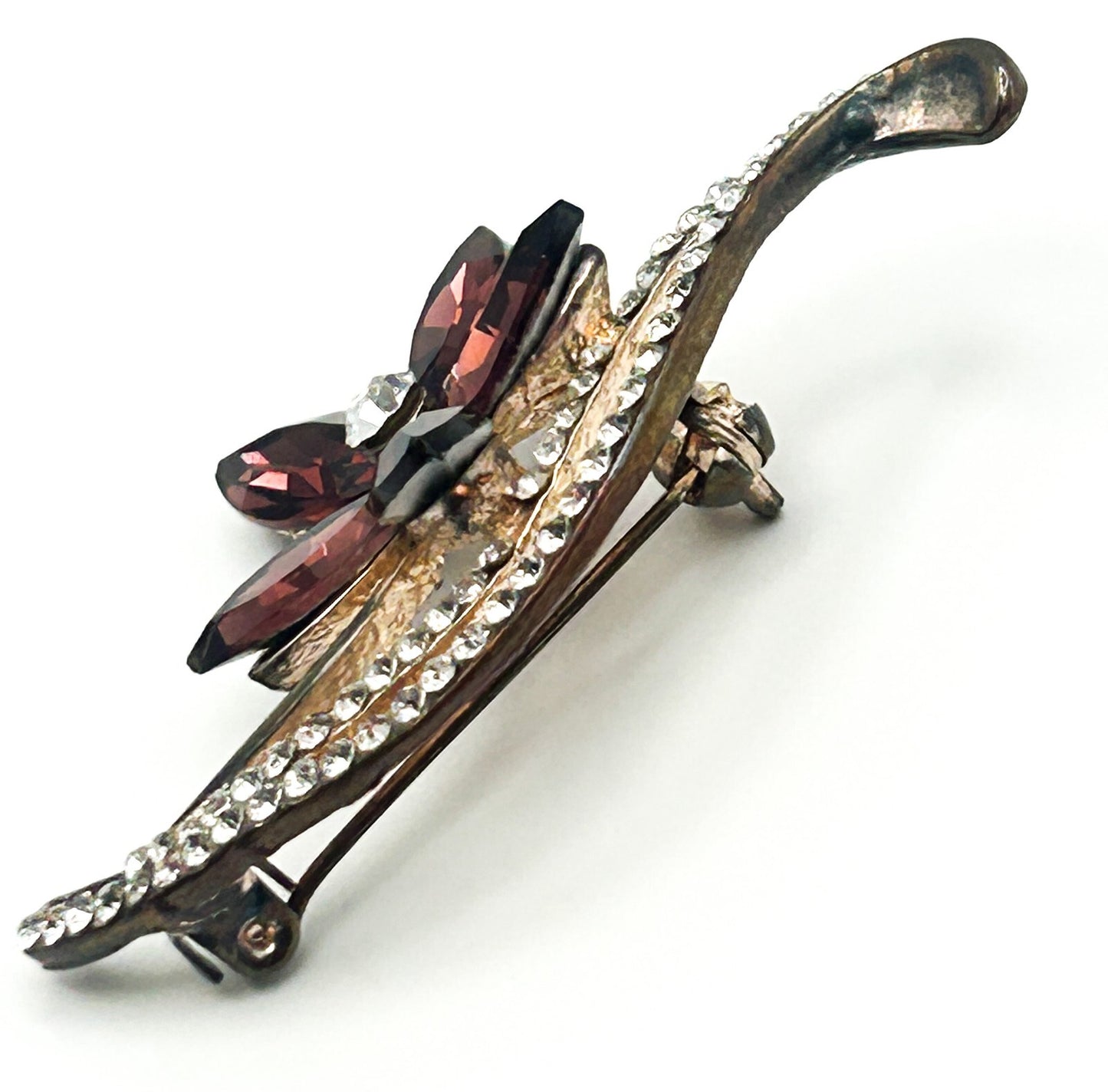 Vintage Purple Rhinestone Flower Brooch with Clear Pavé Leaf Detail