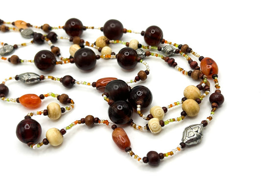 Boho Autumnal Tones Carved Organic Beads and Carnelian 2-layer Beaded Necklace