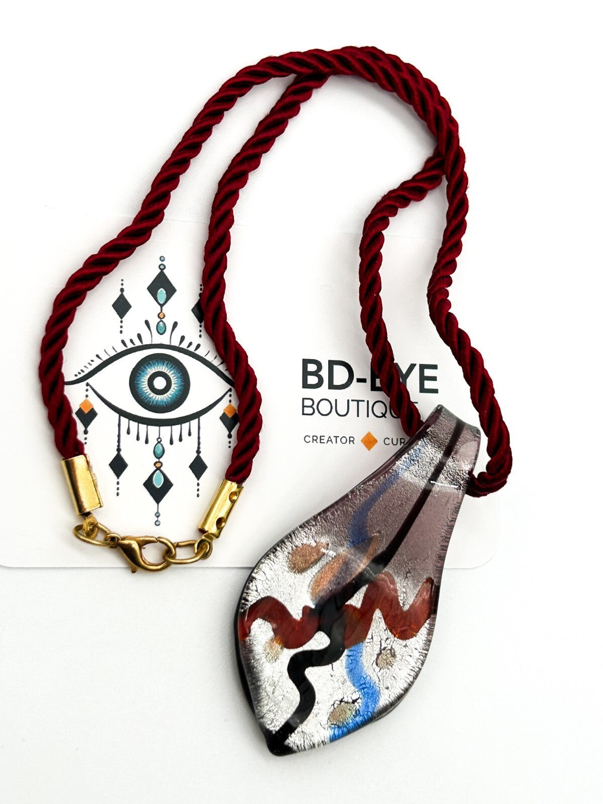 Murano Style Art Glass Pendant Necklace Red Blue Silver Abstract Foil Red Cord