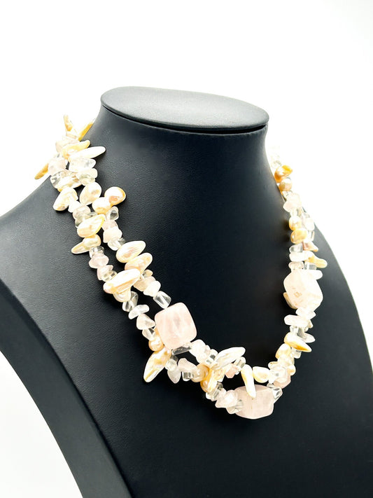 Freshwater Pearl Rose Quartz Necklace Double Strand Natural Stone Baroque Pearl