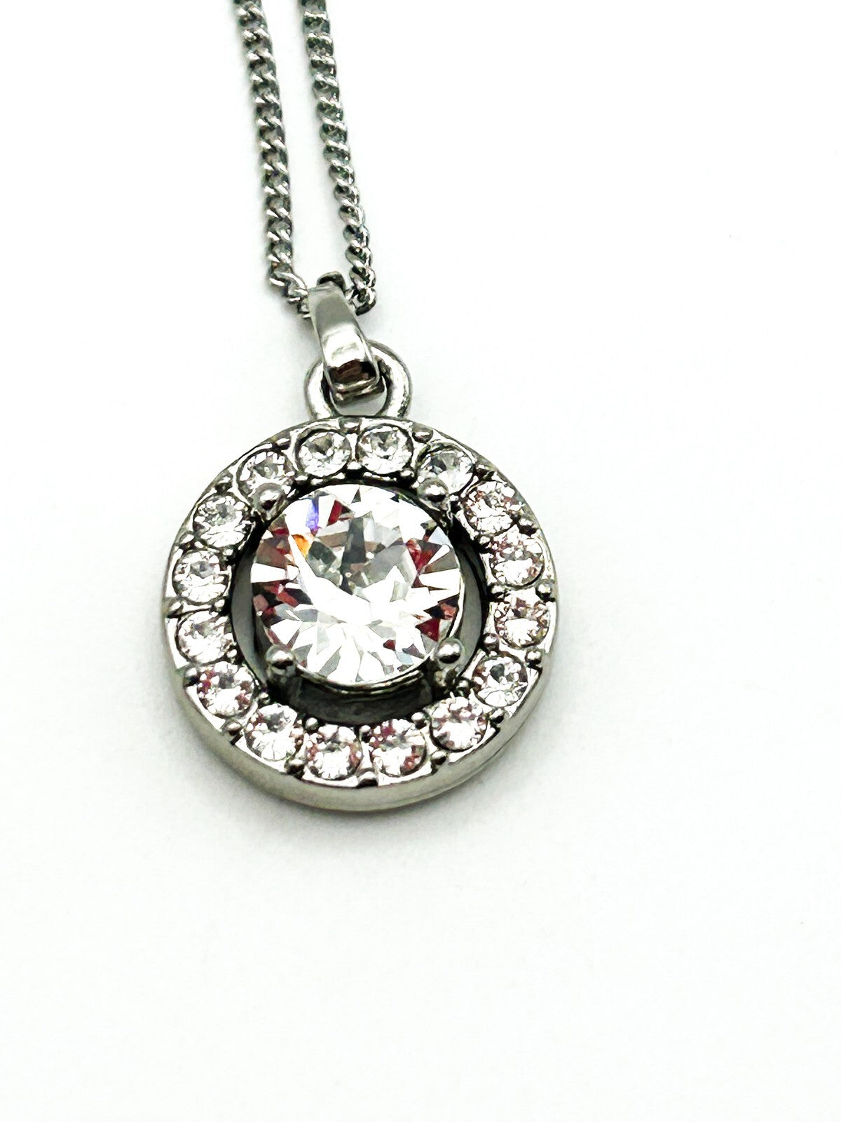 Silver Tone Crystal Halo Pendant Necklace – Round Solitaire with Pavé Frame