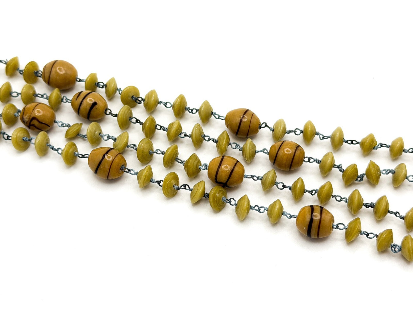 Vintage Venetian Style Glass Bead Necklace Mustard & Olive Disc  Barrel Detail