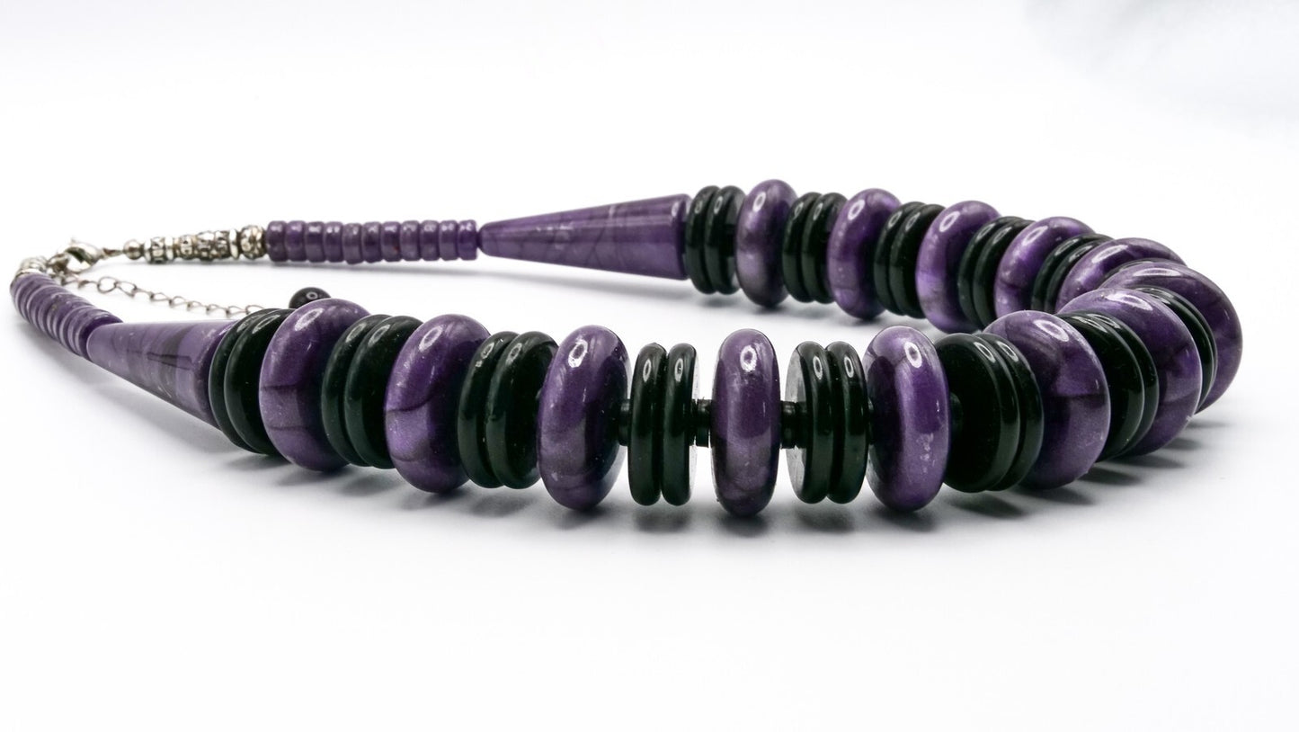 Purple & Black Graduated Disc Statement Necklace | 19”, 89g | 80s style
