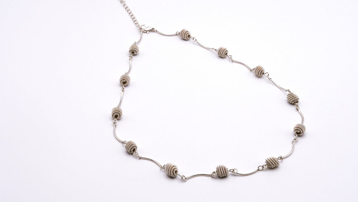 Coiled Bead Tube Chain Necklace | Silver Tone, 56 cm