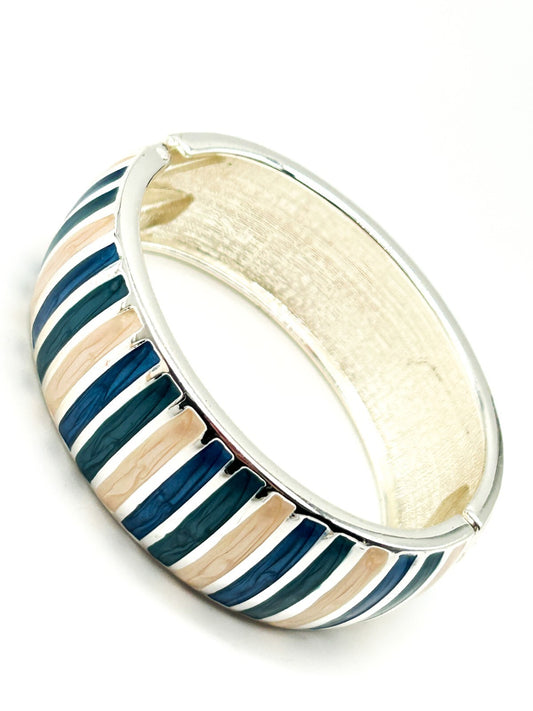 Vintage Y2K Blue Cream Enamel Clamper Chunky Bangle Silver Tone Bracelet Retro