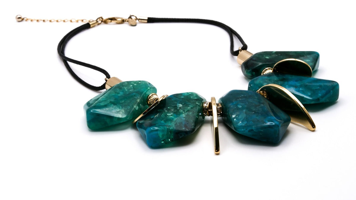M&S Green, Turquoise & Gold Disc Statement Necklace | 17" + extender