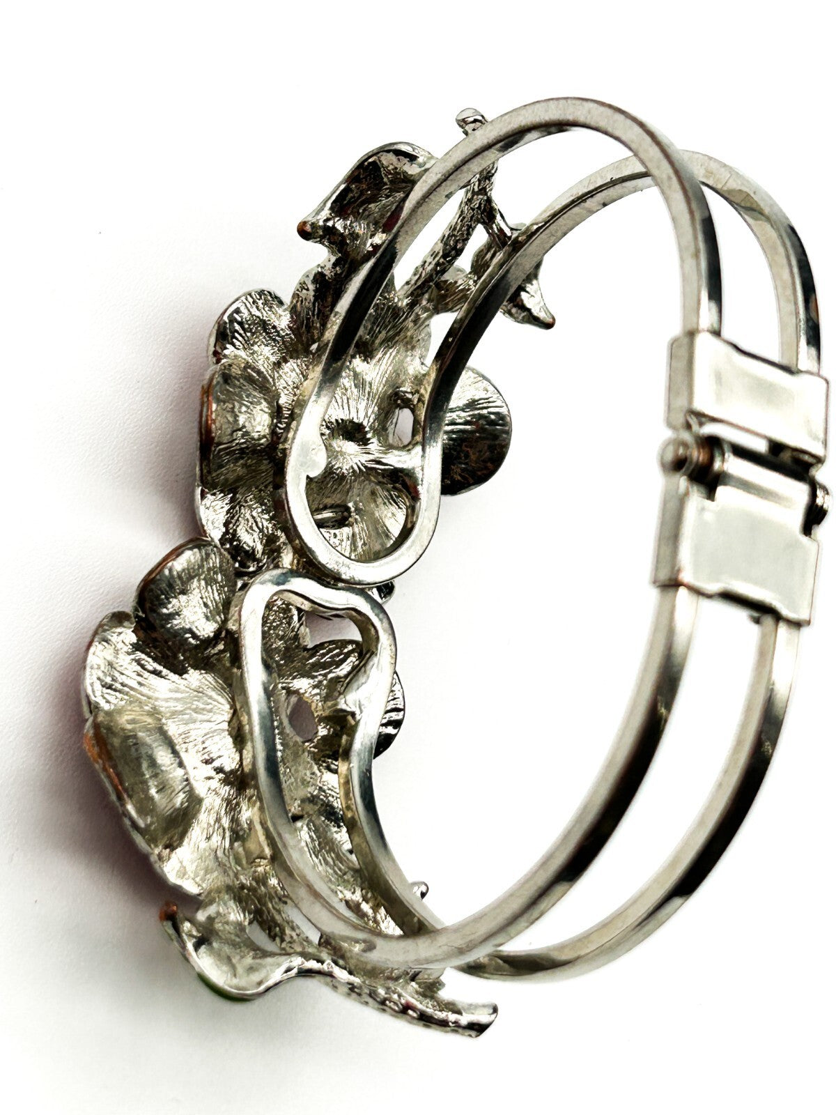 Retro Floral Enamel Bracelet Red Flower Snap Bangle Poppy Silver Tone Statement