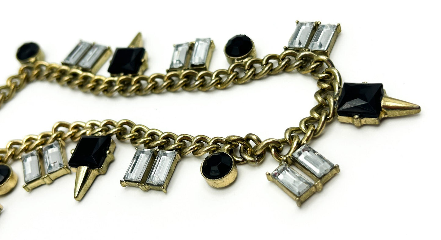 Gold Tone Curb Chain Necklace Black Clear Rhinestone Drop Charms Geometric 19”