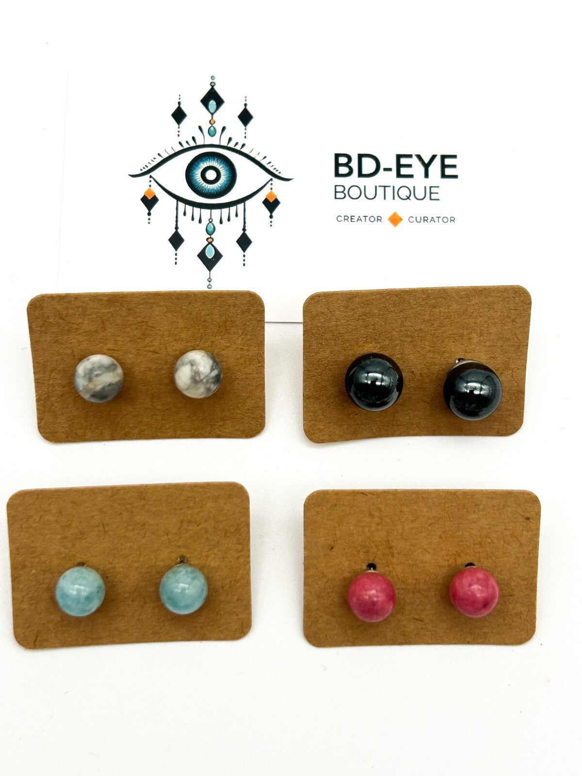 Set of 4 Pairs Semi-Precious Gemstone Stud Earrings 925 Sterling & 14TK Markings