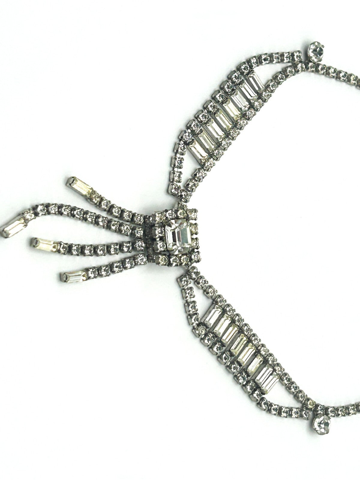 Vintage Rhinestone Waterfall Necklace Baguette Statement Tassel Drop 16”