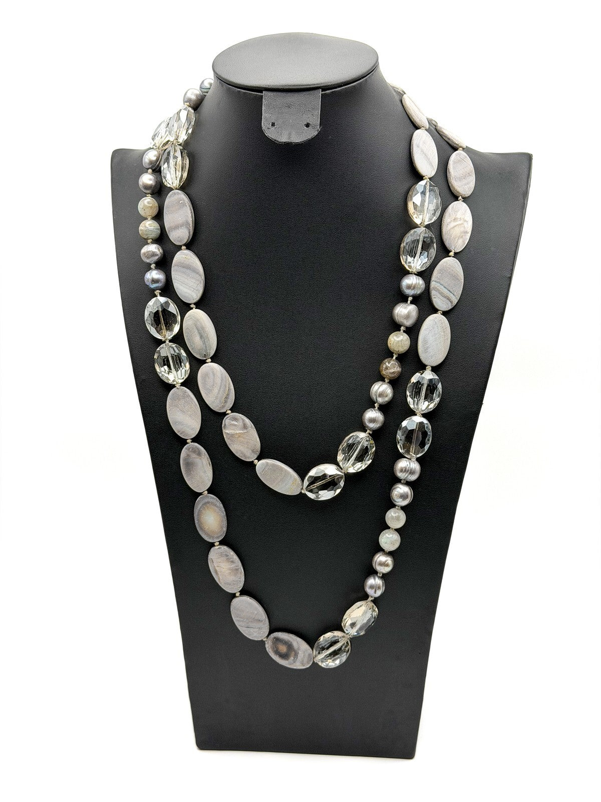 Vintage Hand-Knotted Grey Mother of Pearl, Tahitian Pearl & Glass Long Necklace