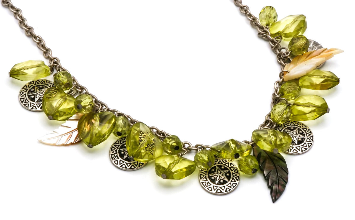 Green Hearts & Charms Choker – Silver Tone 18”