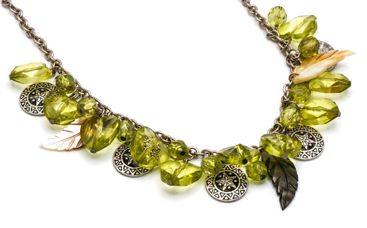 Green Hearts & Charms Choker – Silver Tone 18”