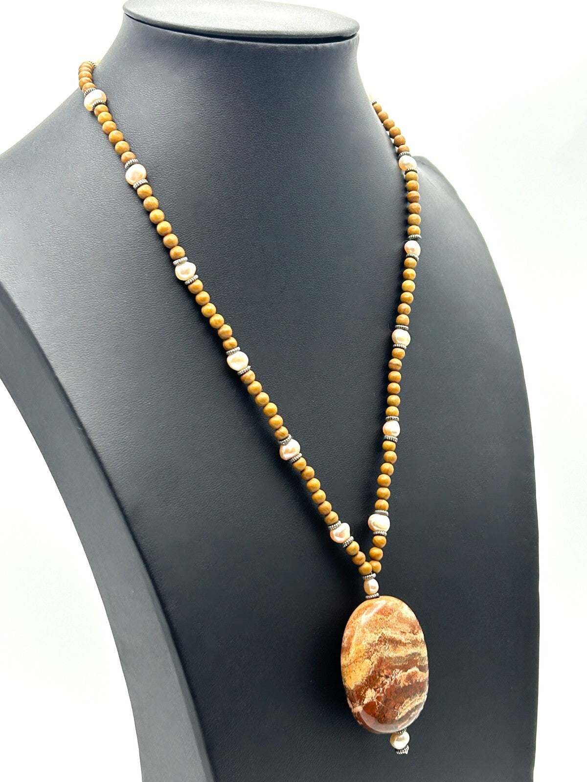 Jasper Pendant Necklace Natural Stone Brown Beaded Freshwater Pearl Earthy 19.5”