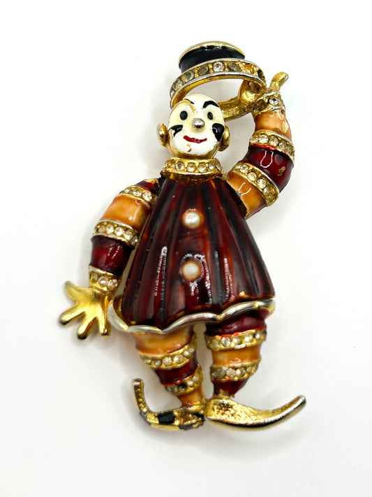 Vintage Enamel Jester Clown Brooch Rhinestone Figural Gold Tone 5.5cm