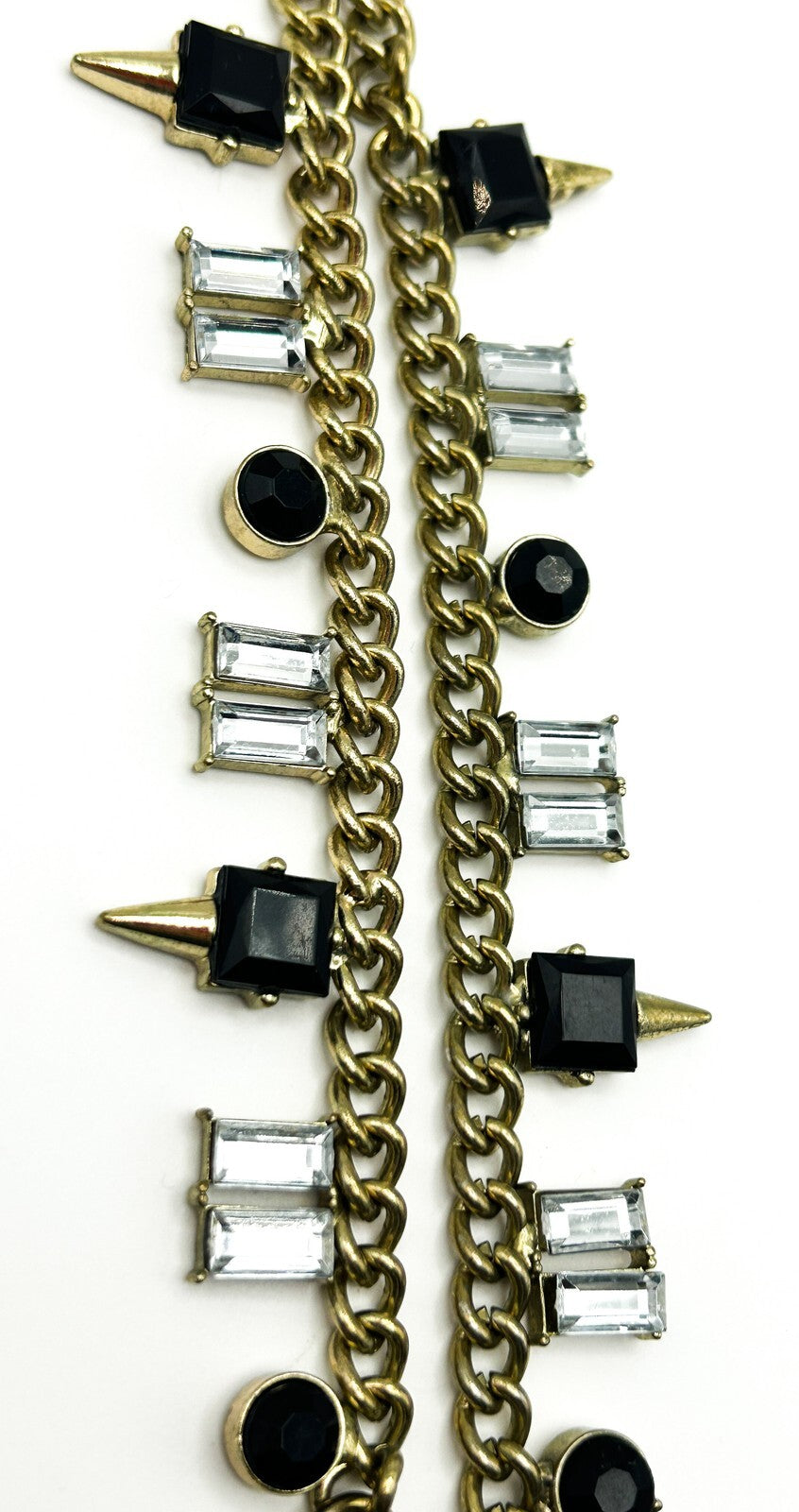 Gold Tone Curb Chain Necklace Black Clear Rhinestone Drop Charms Geometric 19”