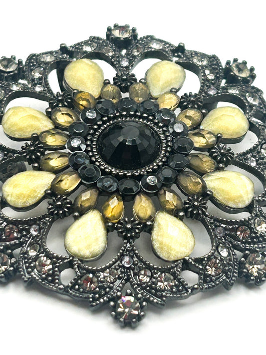Ornate Gunmetal Floral Rhinestone Vintage Brooch with Lemon Cabochons – 6cm