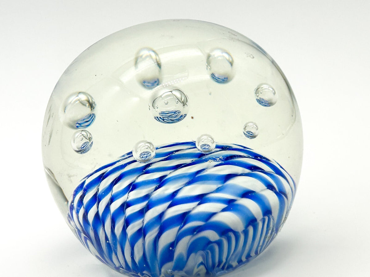 Vintage Blue White Stripes Bubbles Art Glass Paperweight Dome Controlled Bubbles