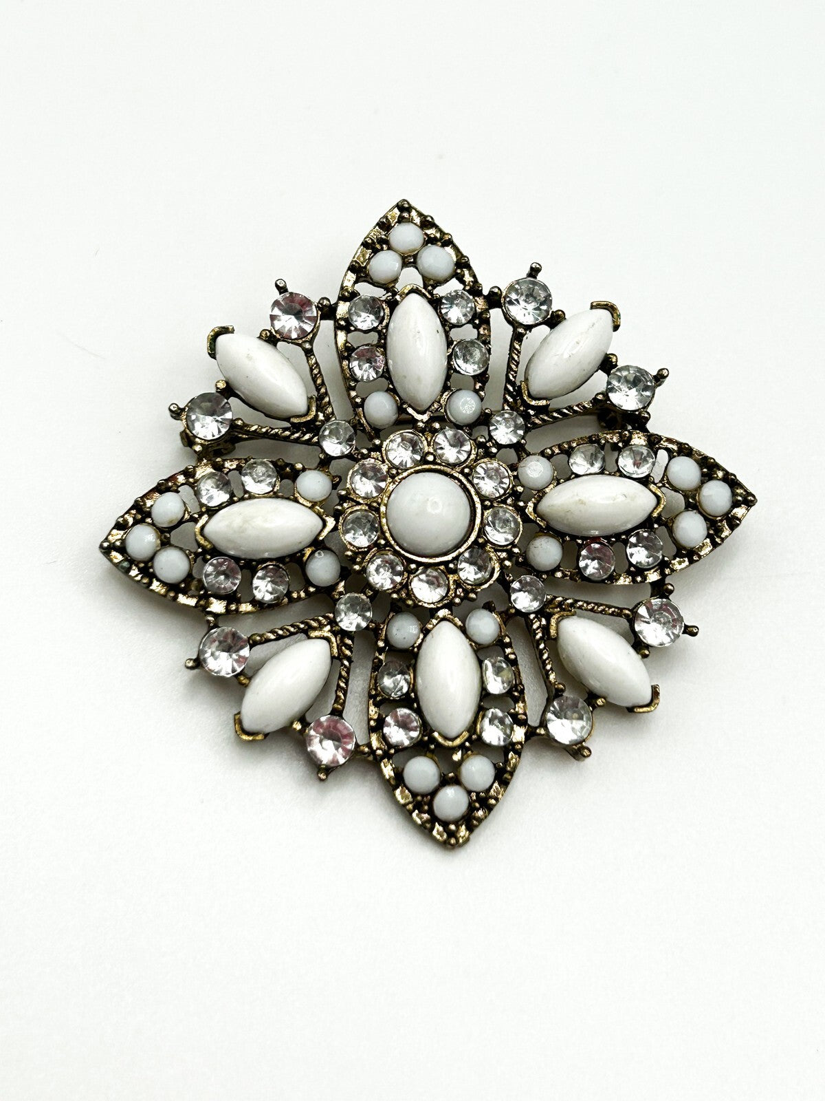 Vintage White Marquise and Round Cabouchon and Rhinestone Flower Brooch