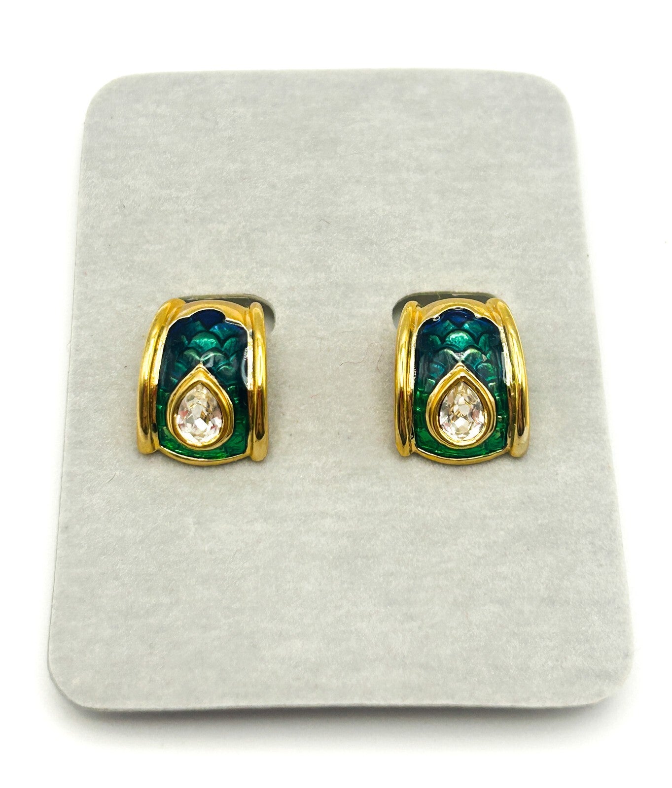 Vintage Cabouchon Angel Fish Brooch & Earrings Set Green Enamel Rhinestone NOC