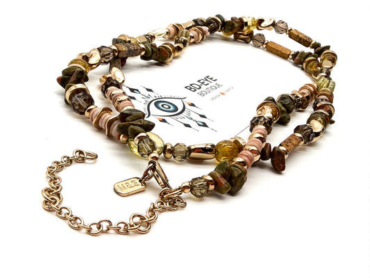 M&S Long Beaded Necklace Unakite Jasper Shell Multi Strand Earth Tone Statement