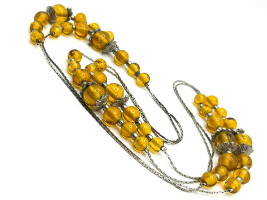 Vintage Graduated Long Amber Glass Bead Necklace on Silver-Tone Chain 70s Retro