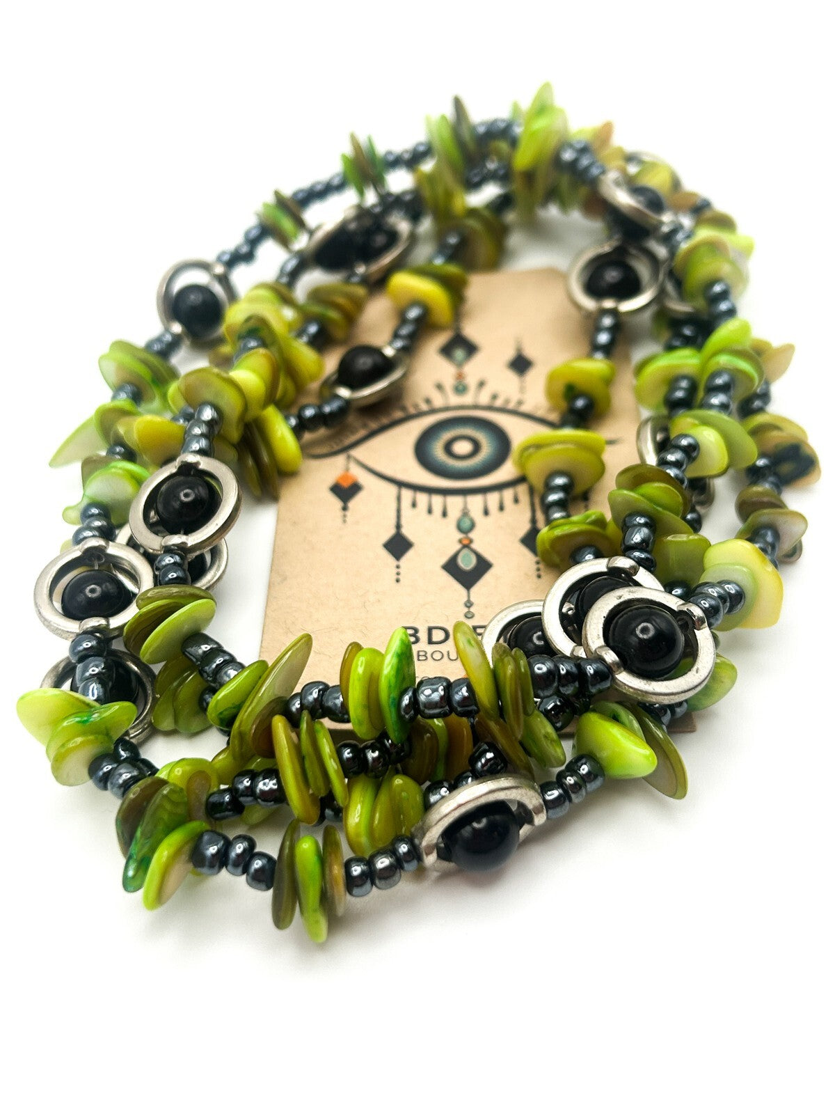 Y2K VTG Dyed Green Shell Chip Necklace - Black Bead and Silver Tone Hoop Detail
