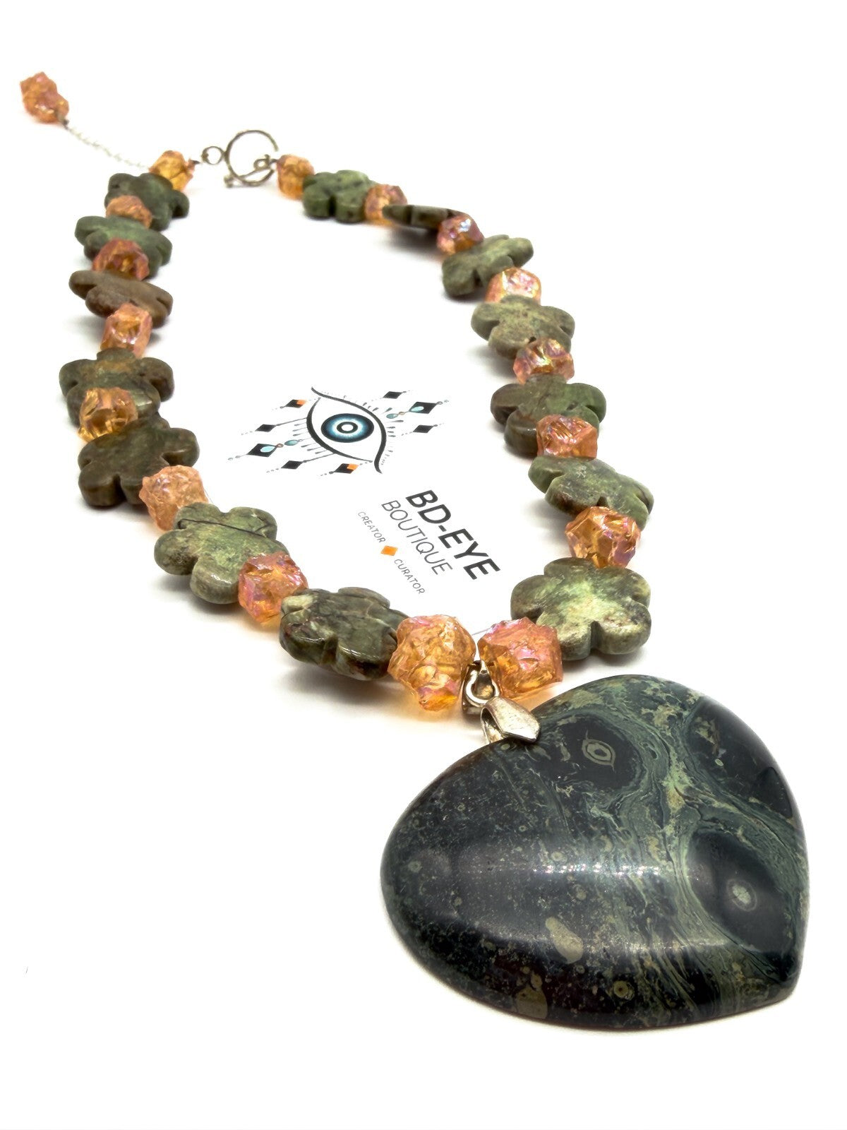 Serpentine Heart Necklace Jasper Bead Statement Chunky Green Pendant 17”