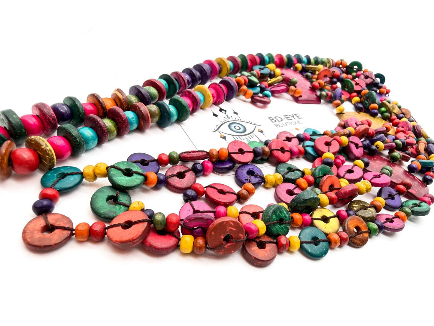 Boho Multicolour Shell Necklace 4 Strand Layered Festival Statement Overhead