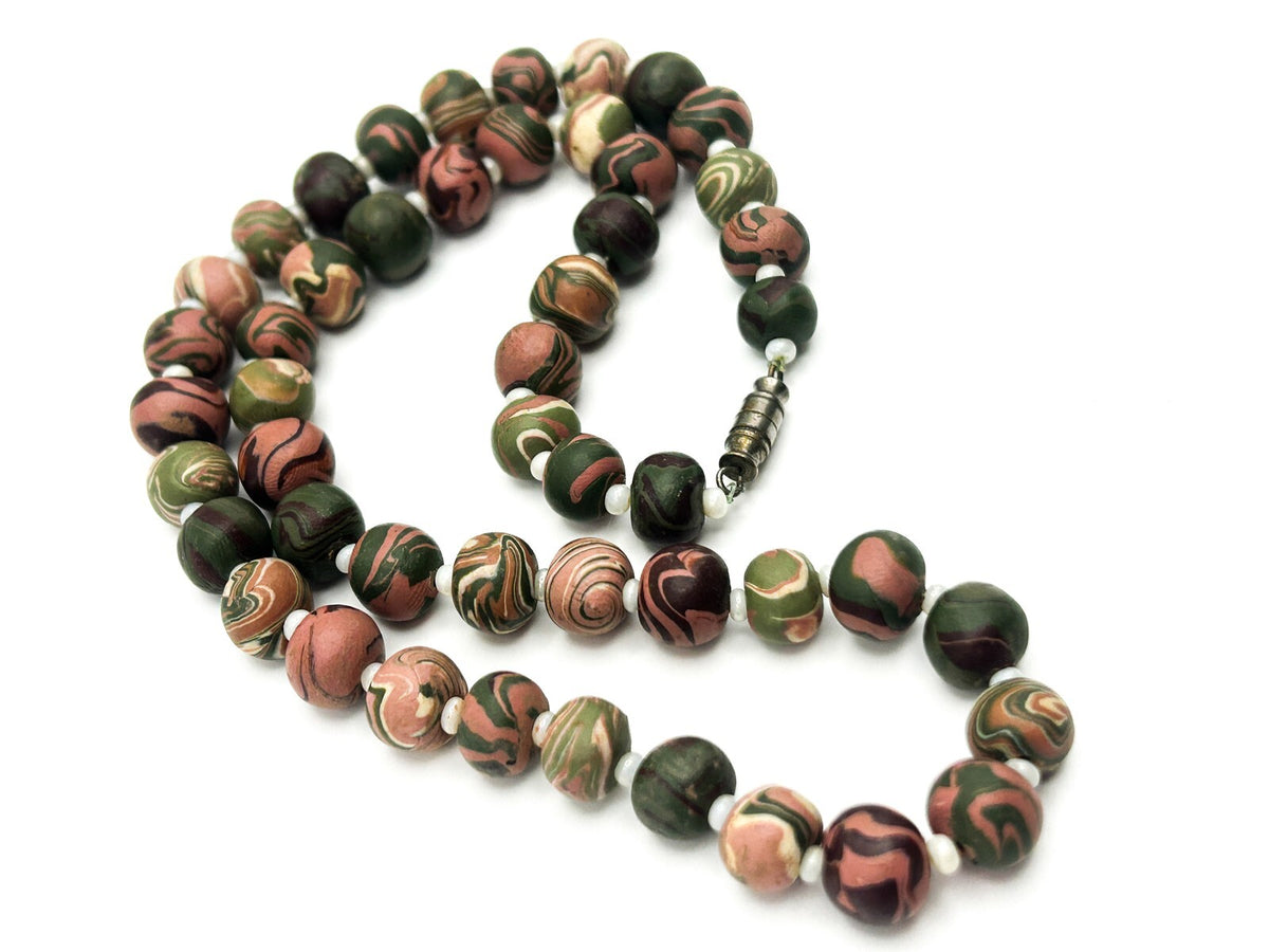 Polymer Clay Bead Necklace Swirl Green Pink Brown Artisan Style 20”