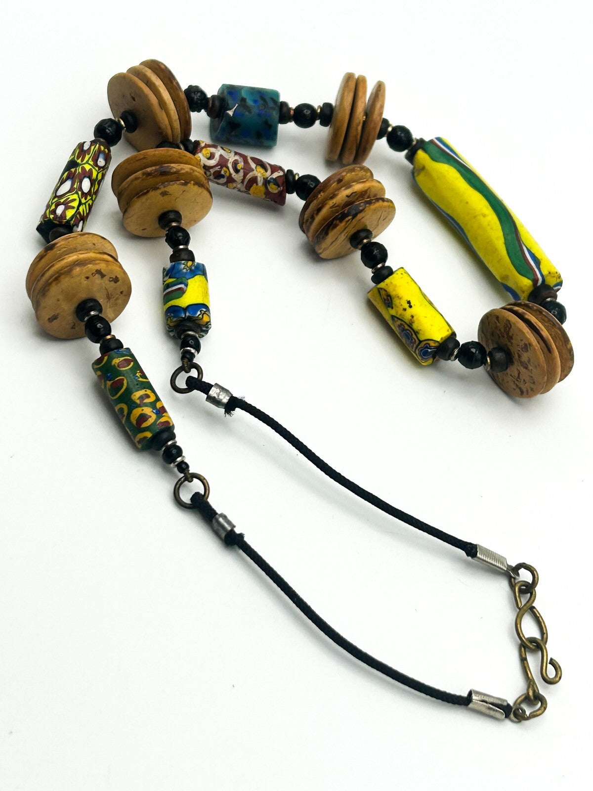 Antique Venetian Millefiori African Trade Bead Necklace Coconut Shell 23”