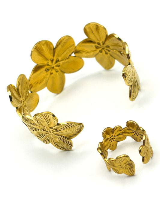 Gold Tone Flower Bangle Bracelet and Ring Set Adjustable Floral Statement Jewell