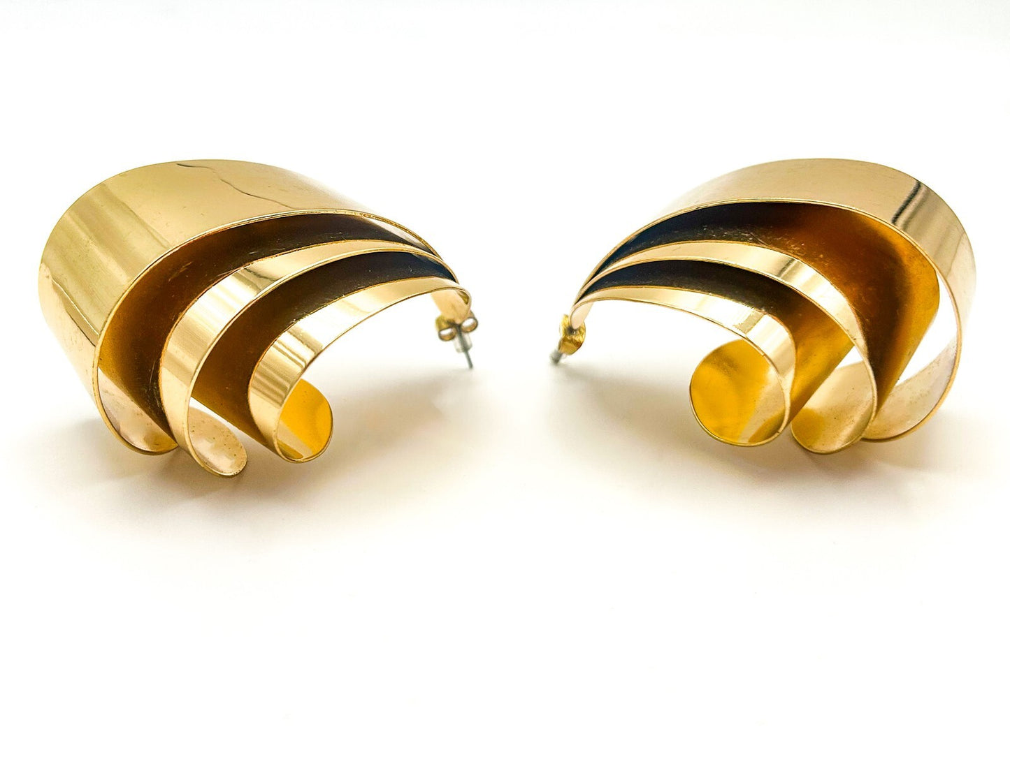 Chunky Vintage Gold Tone 3 layers Curled Statement Costume Earrings