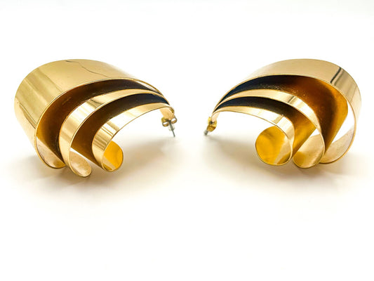 Chunky Vintage Gold Tone 3 layers Curled Statement Costume Earrings