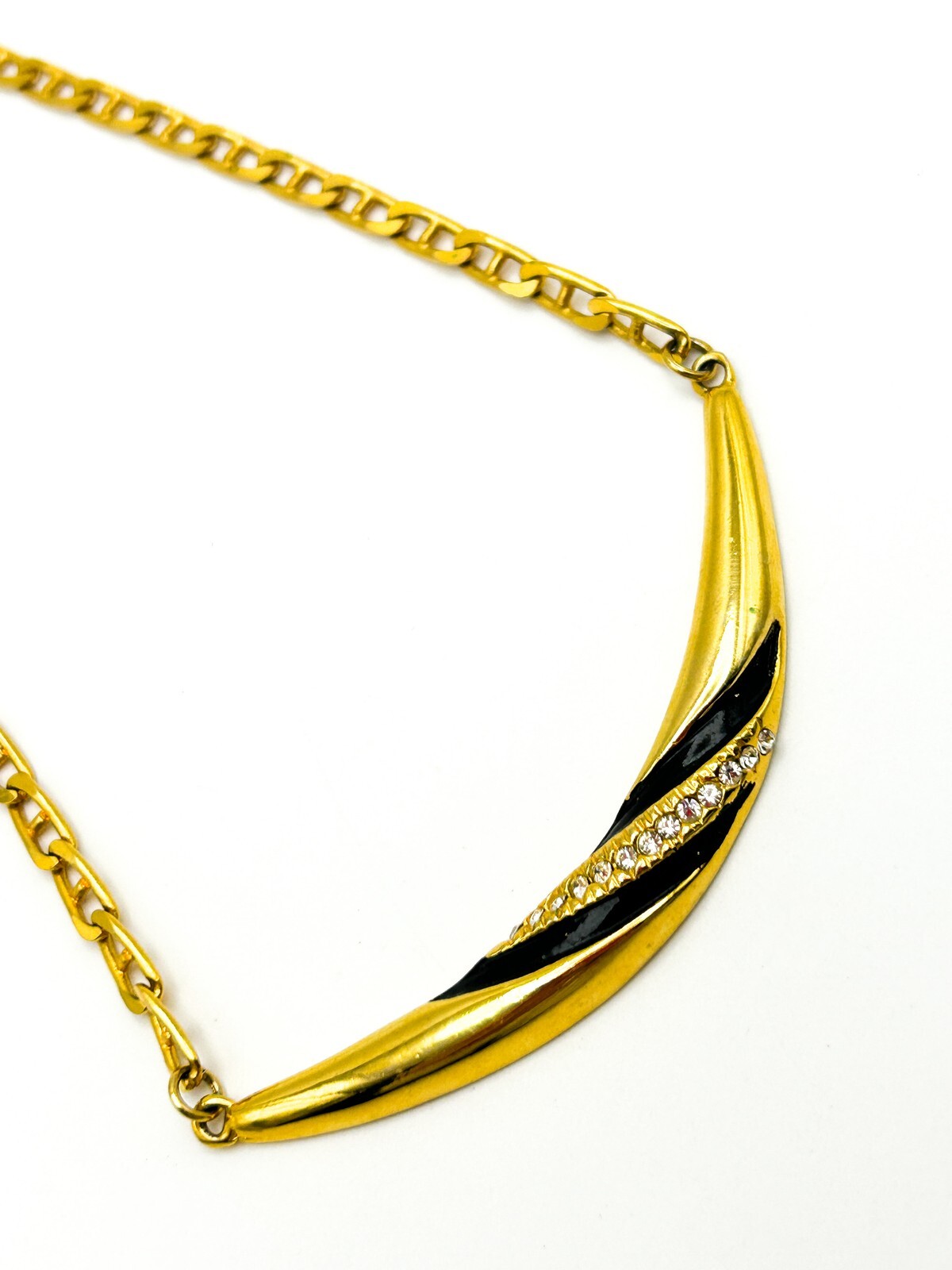Gold Tone Black Enamel Rhinestone Necklace Figaro Chain Vintage Style