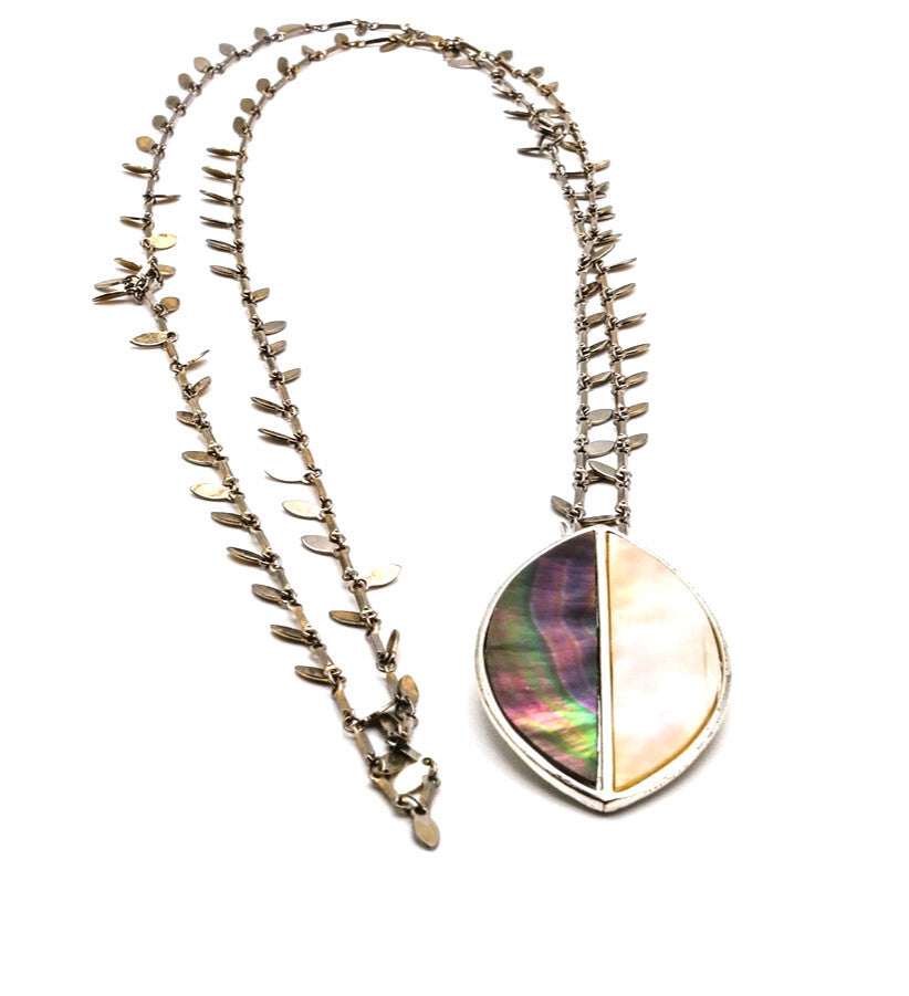 Mother of Pearl & Abalone Leaf Pendant Necklace – Long 40”