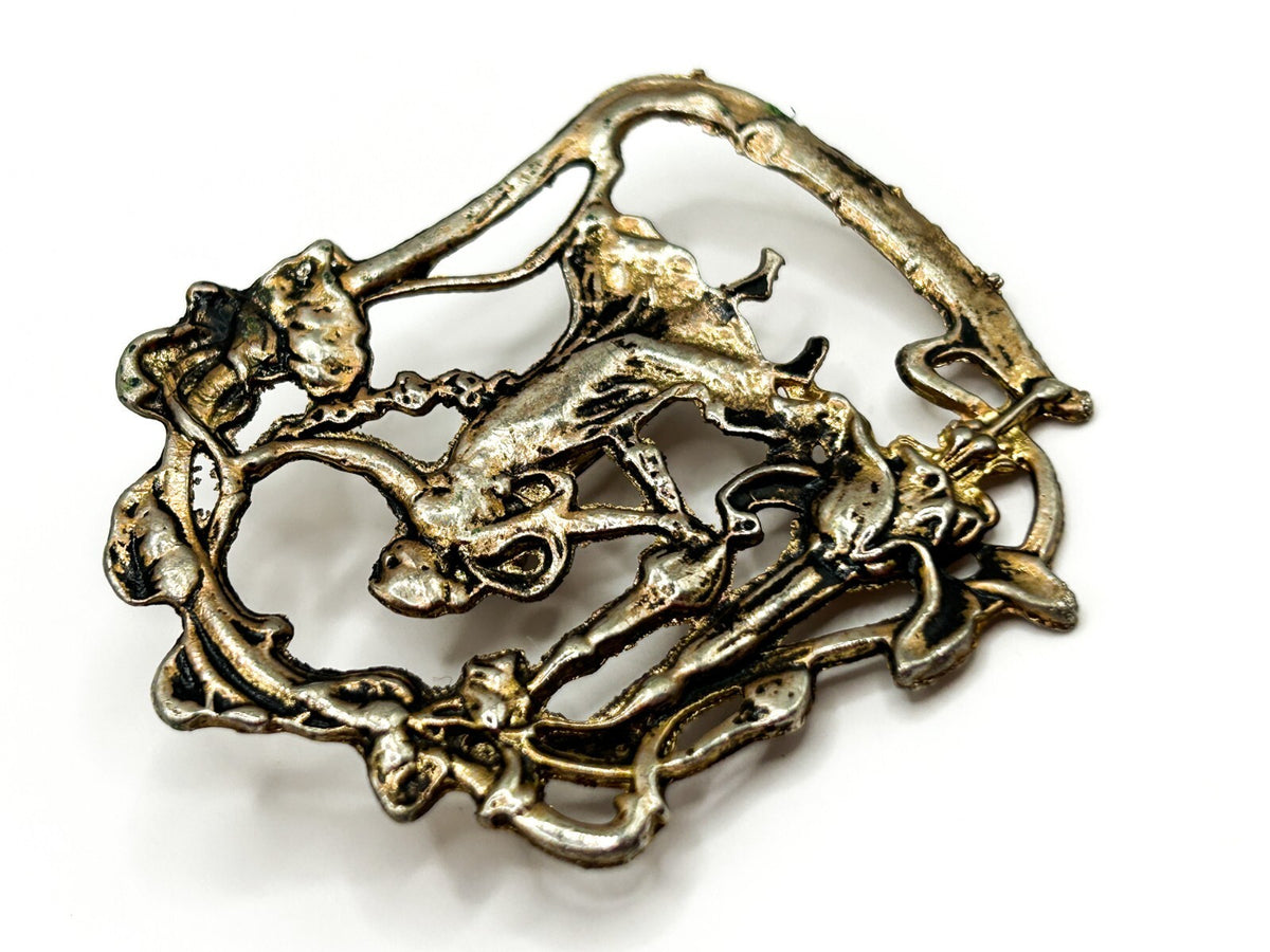 Vintage Art Nouveau Revival Lady Brooch Figural Woman Floral Openwork Gold Tone