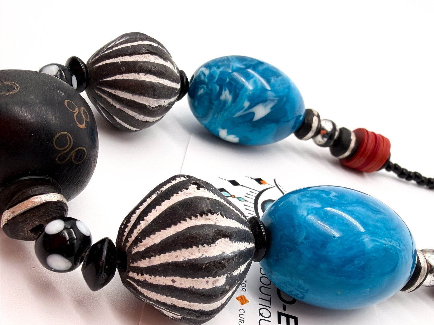 Chunky Blue Black Statement Necklace Carved Clay Beads Ethnic Style Wood 22”
