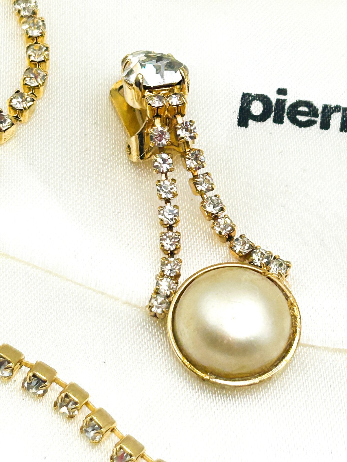 Vintage Pierre Cardin Faux Pearl & Rhinestone Necklace and Earrings - Gold Tone