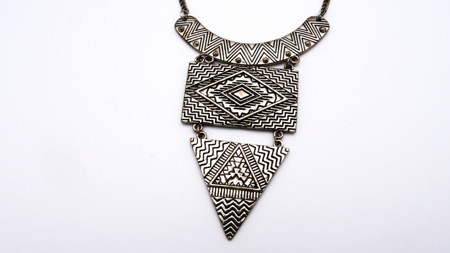 Geometric Tribal-Inspired Statement Necklace - Silver Tone Pendant Chain Panel
