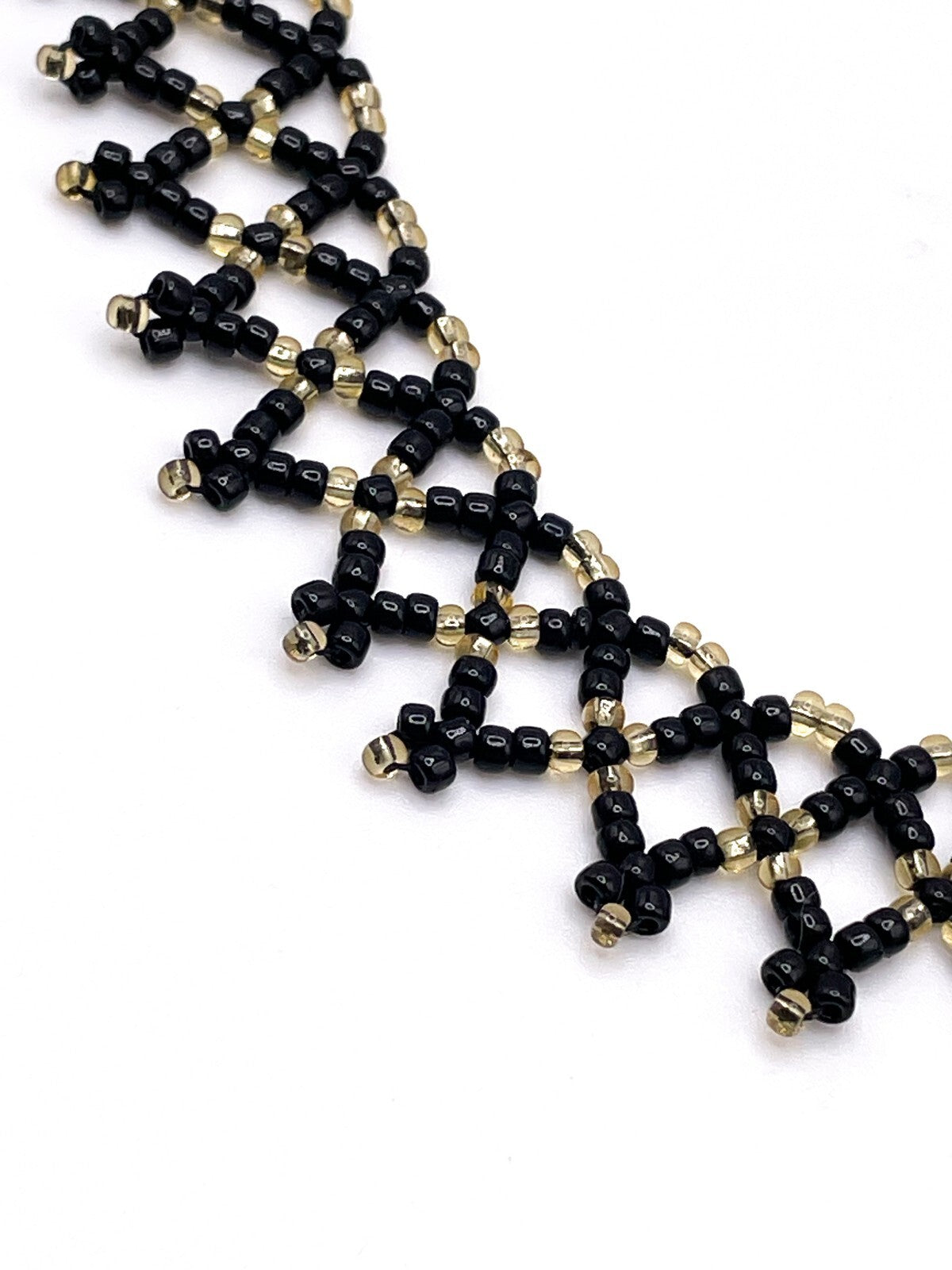 Black & Gold Seed Bead Collar Necklace Gothic Woven Dainty Handmade Artisan